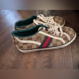 Gucci Brown Monogram Sneakers with Green and Red Stripe